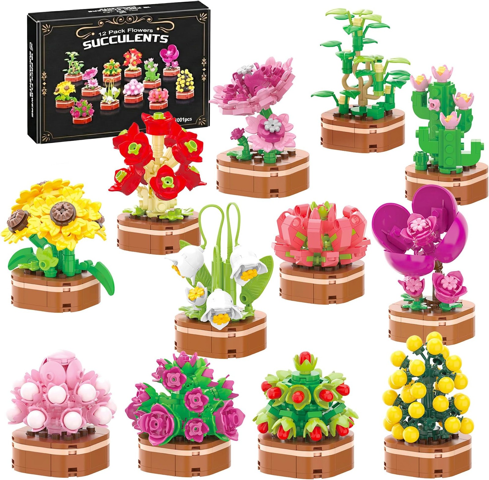 zinat 12 Pack Flower Succulent Building Blocks Set, 1001 PCS Botanical Plant ...