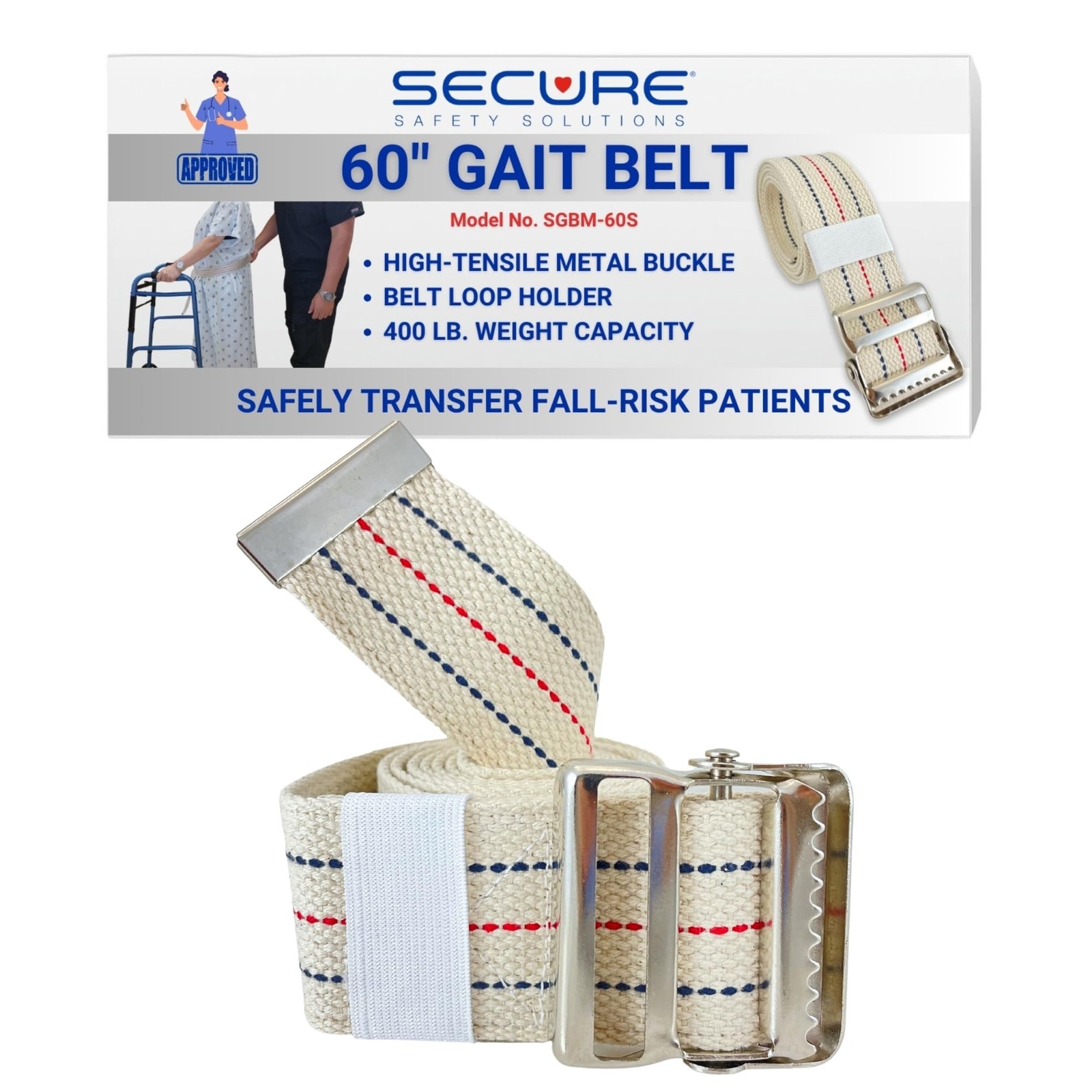 Secure Gait Belt For Seniors 60” - Quick Release Metal Buckle - Transf