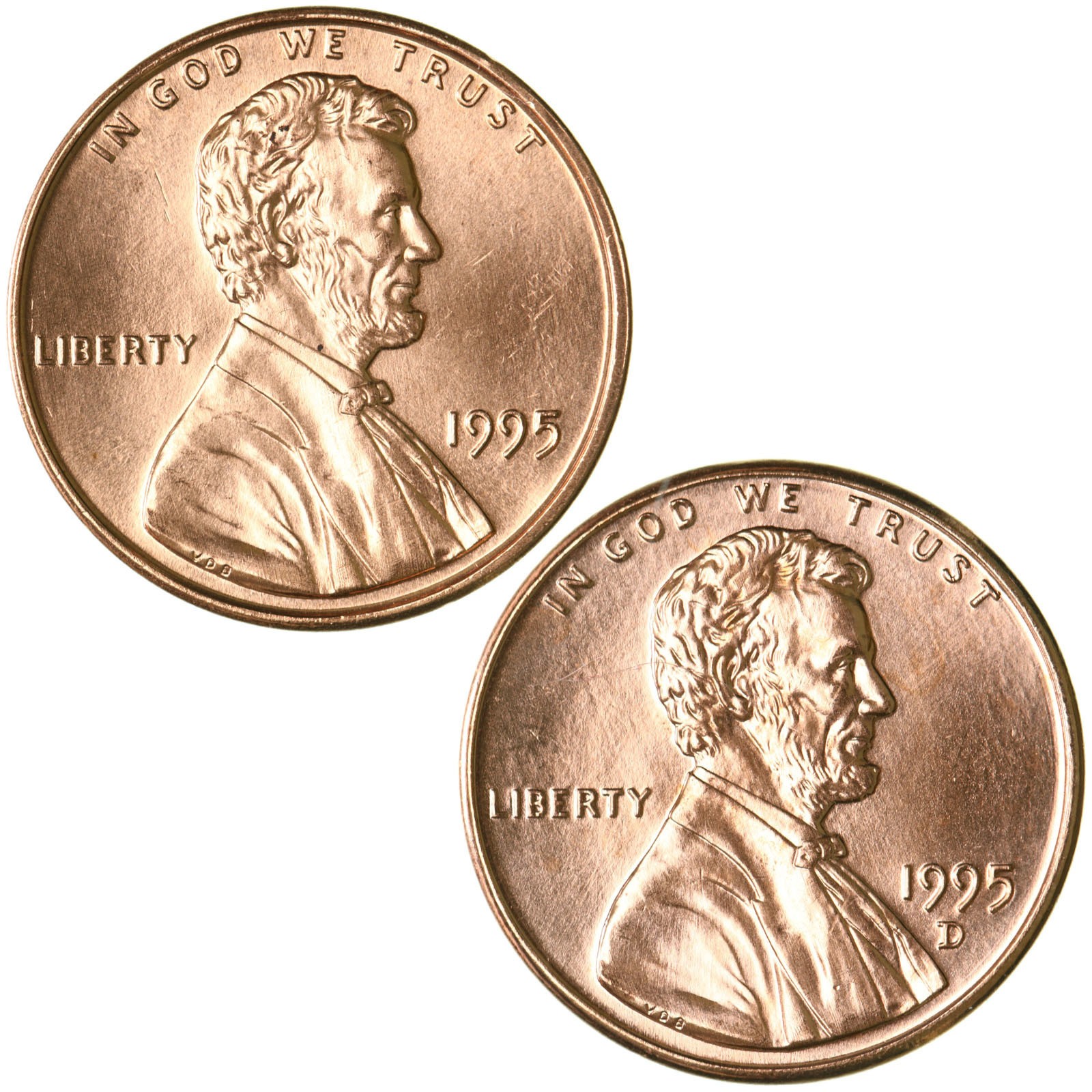 1995 P D Lincoln Memorial Cent Brilliant Uncirculated 2 Coin Year Set