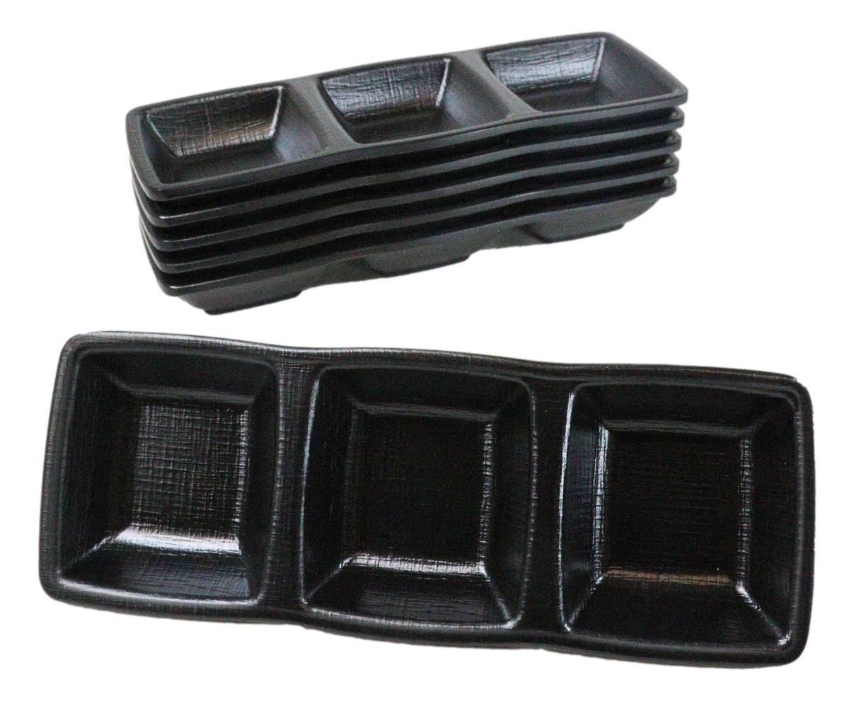 Pack Of 6 Black Silk Melamine 3 Partition Condiment Sauce Dipping Bowl or Dishes