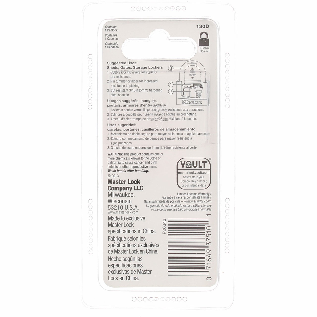 Master Lock Solid Body Padlock, Brass, 1.1875", 130D