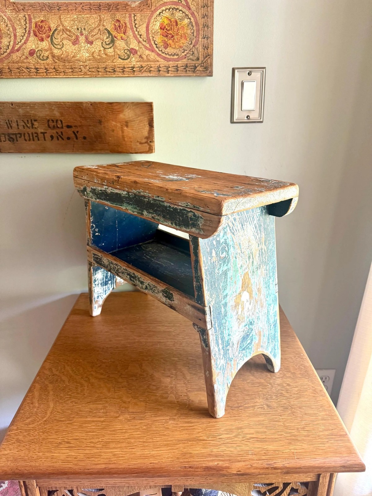 Antique Wooden Stool with Distressed Paint | Distressed Blue Primitive Stool