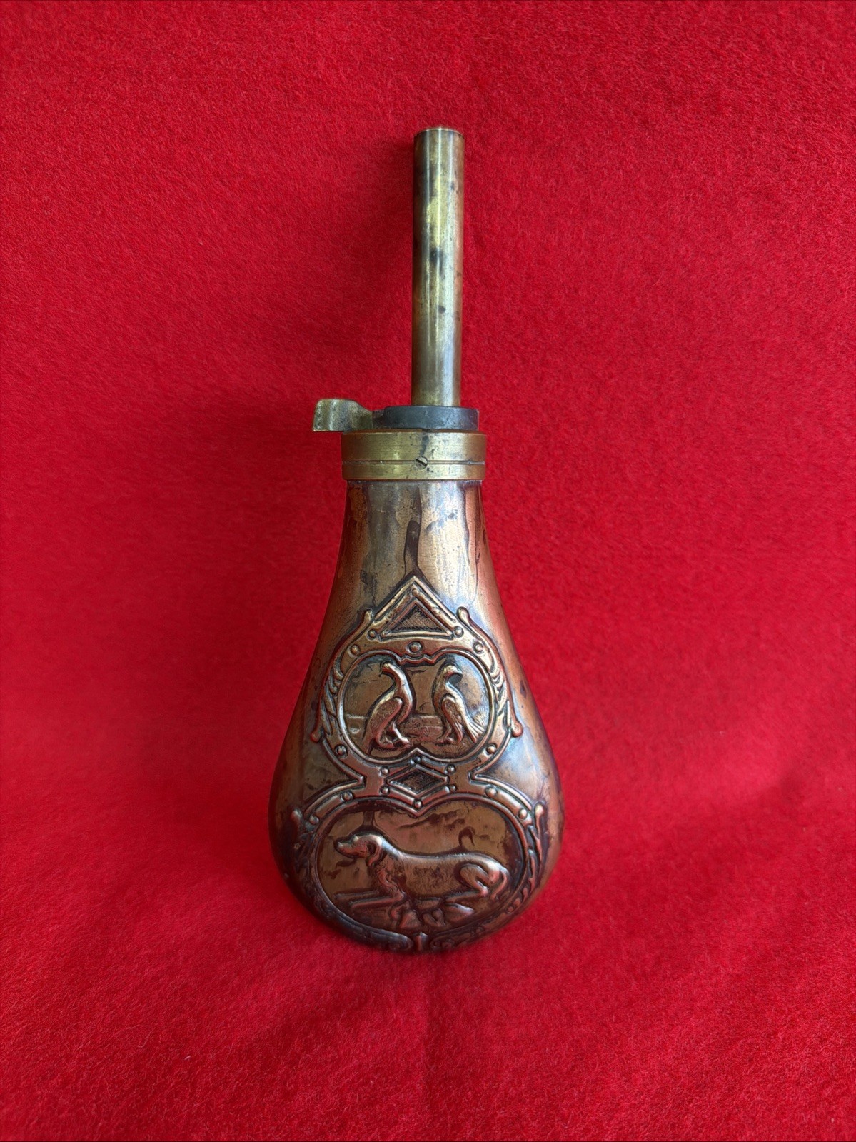 Copper Black Powder Flask with Pheasant & Dog Embossed