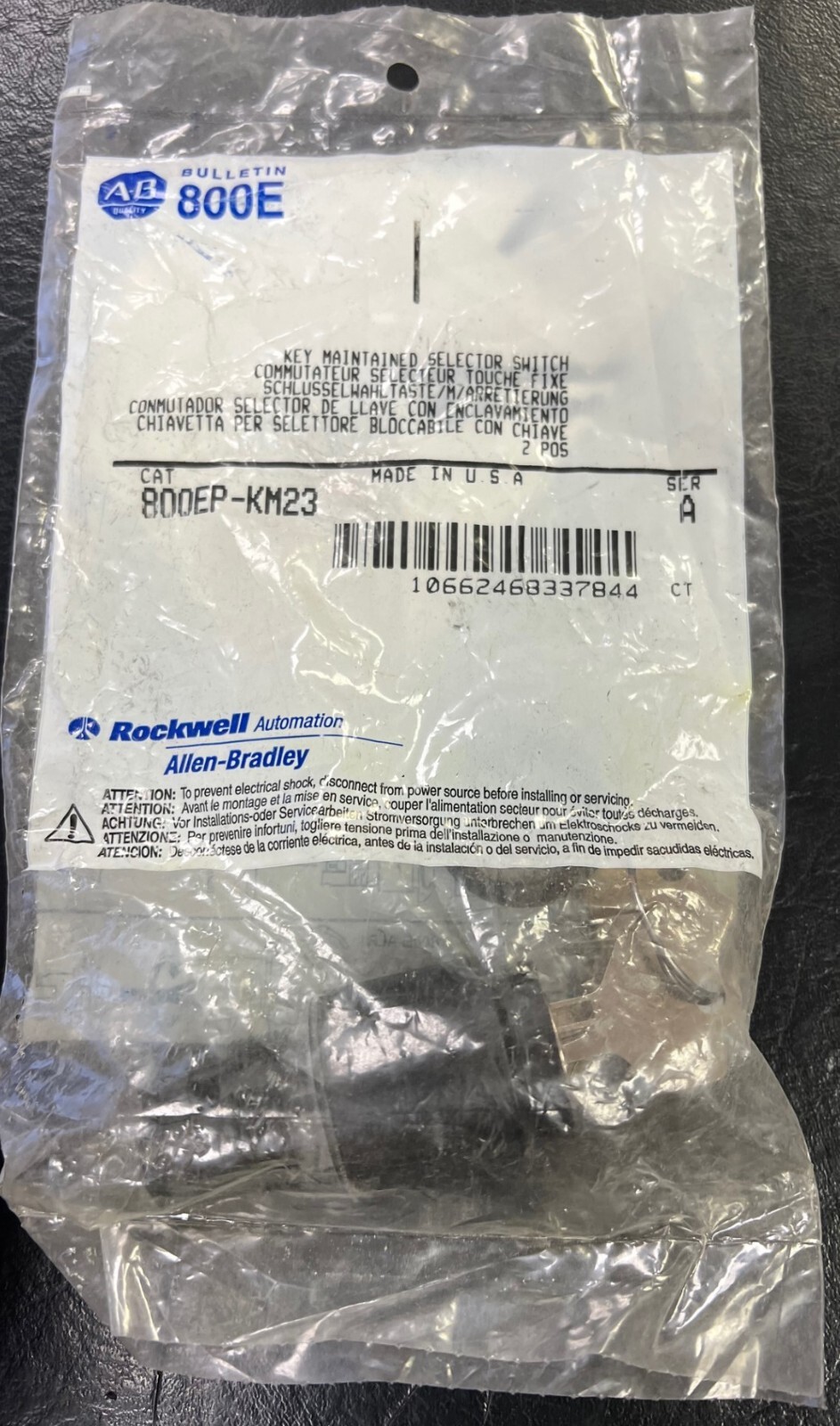 ALLEN BRADLEY 800EP-KM23 SELECTOR SWITCH, KEY MAINTAINED, 2-POSITION, NEW!