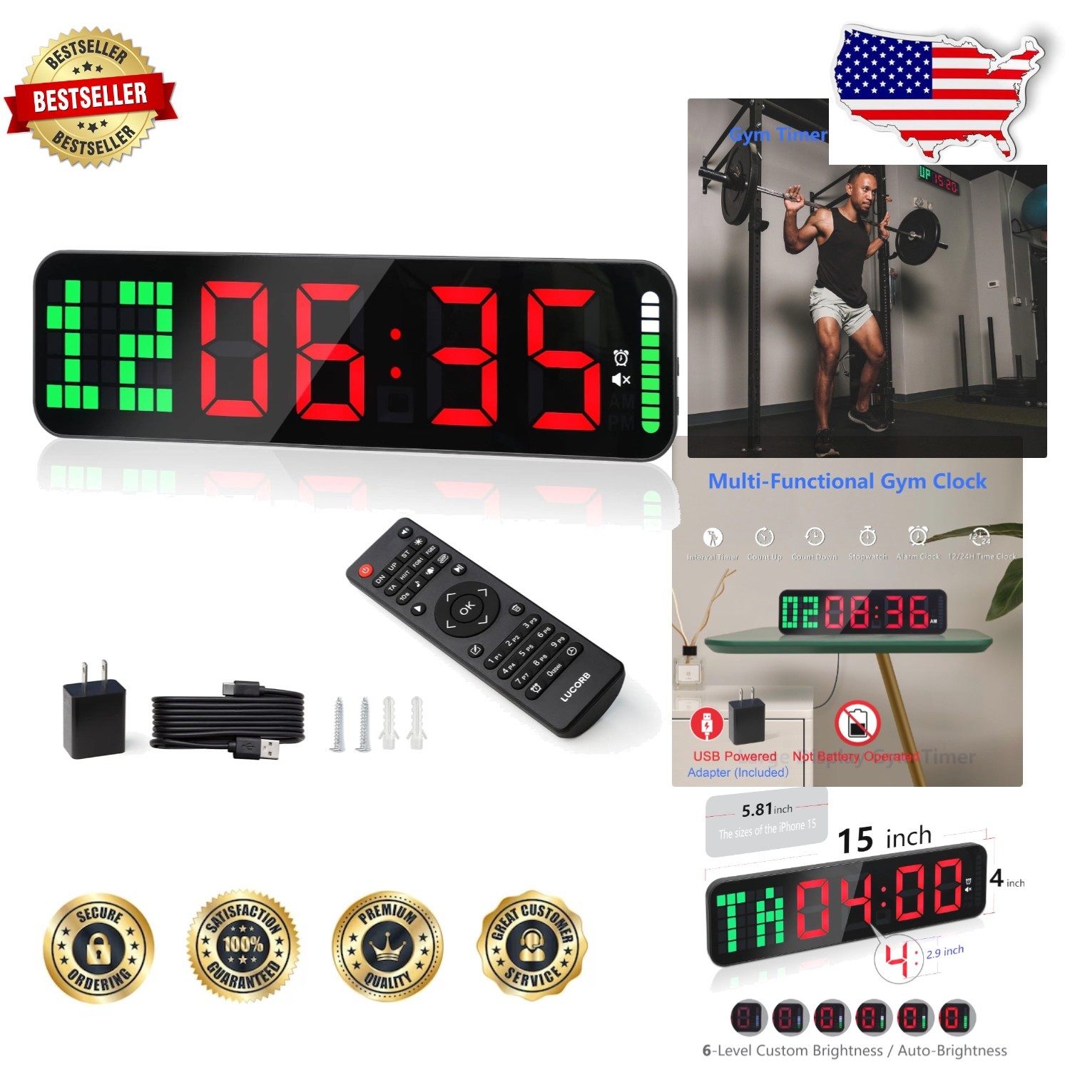 Pro Gym Timer Clock - 15" LED Display, Interval Training, Countdown/Up Stopwatch