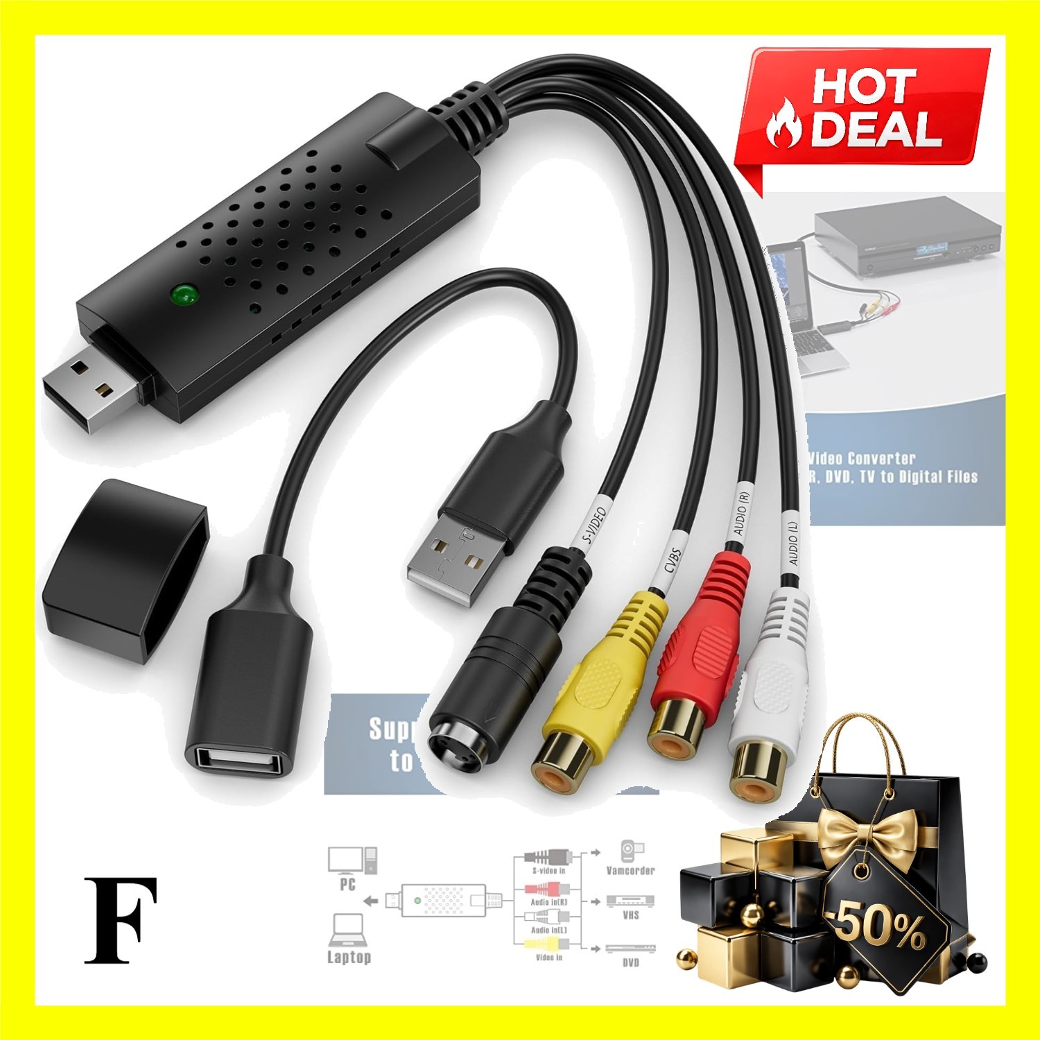 Capture Card, USB Video Capture Card Device, Audio Video Converter Grabber fo...