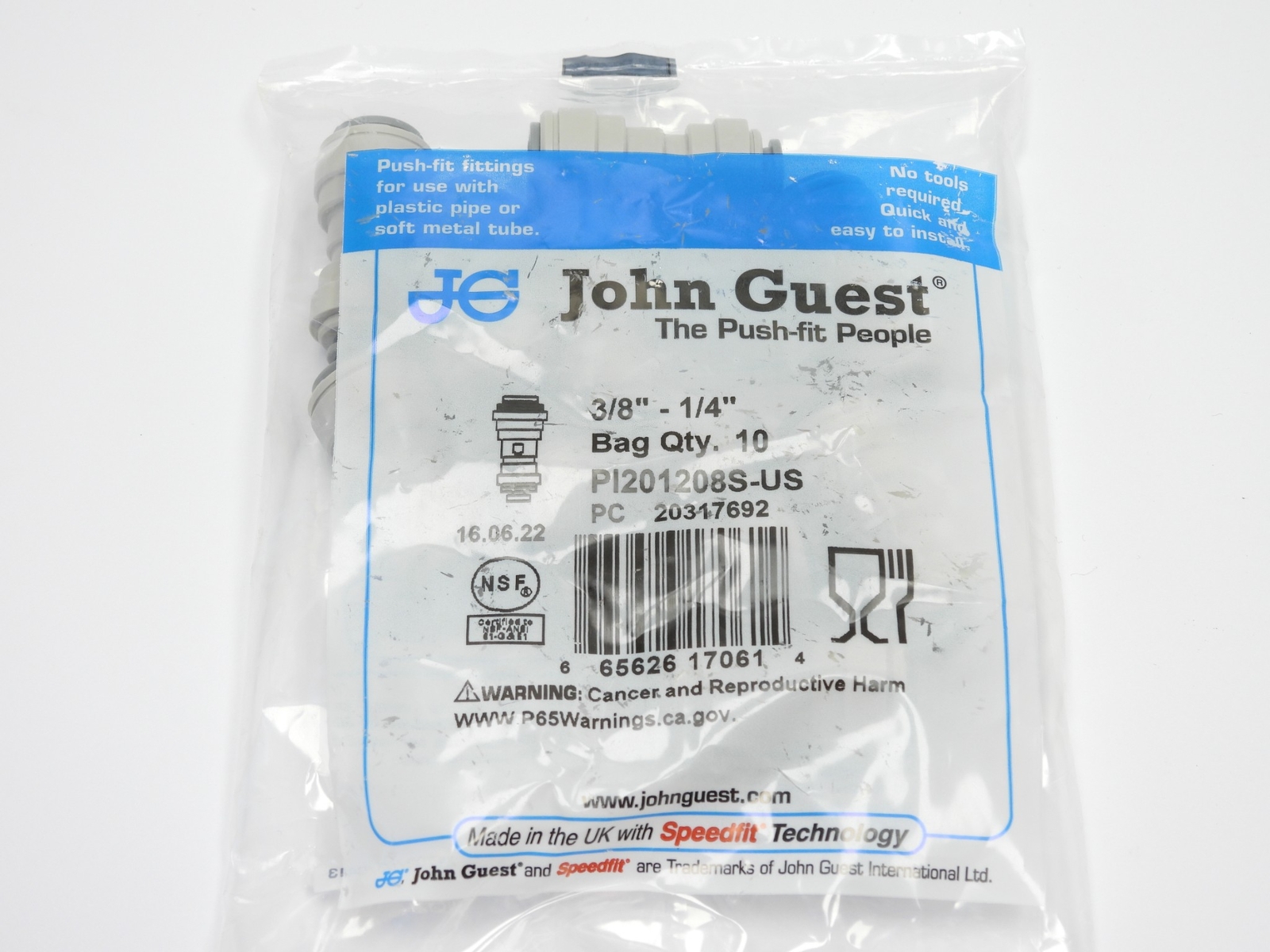10pcs John Guest 3/8" to 1/4" Tube Reducer Straight Speedfit Push Fit Connector