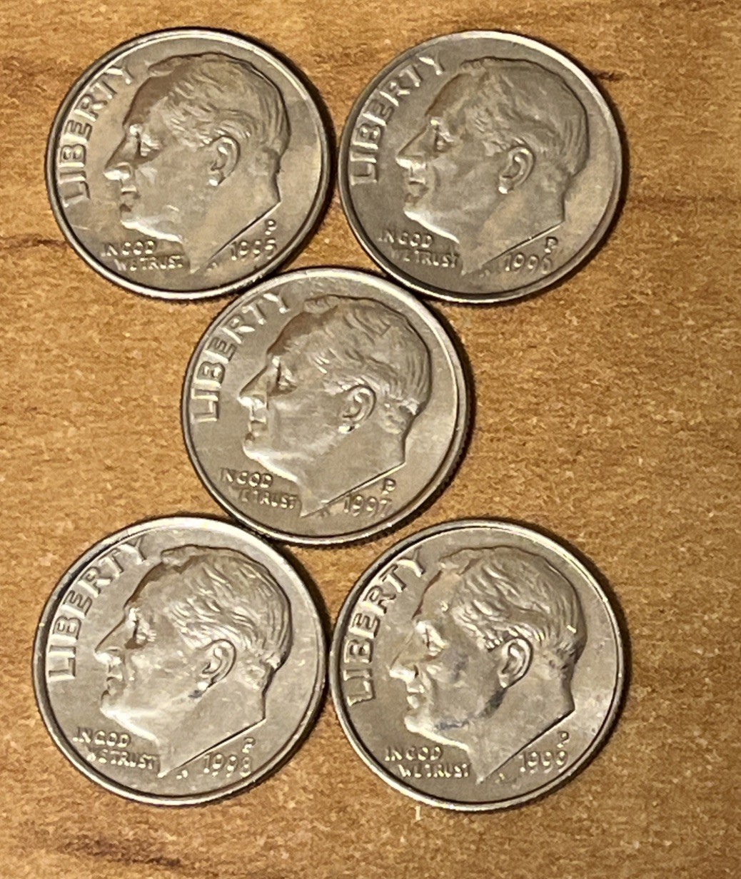 1995-P ,1996-P ,1997-P , 1998-P ,1999-P   Roosevelt Dimes  ( set of 5 )