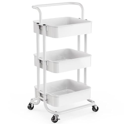 3 Tier Mesh Utility Cart, Rolling Metal Organization Cart with Handle White
