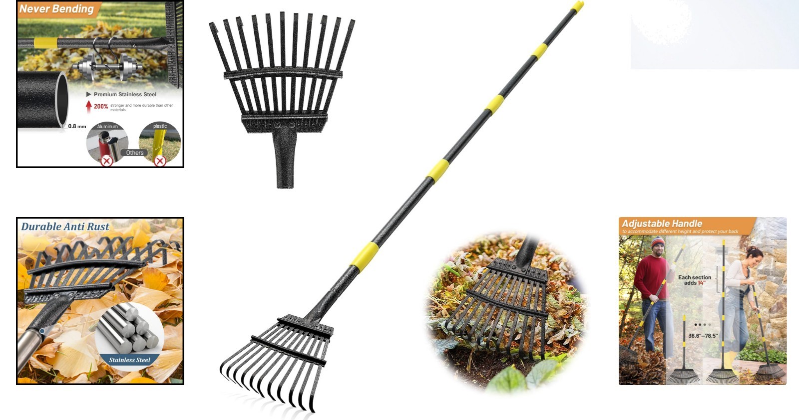 Heavy-Duty Leaf Rake with Adjustable 6ft Handle - 8.5