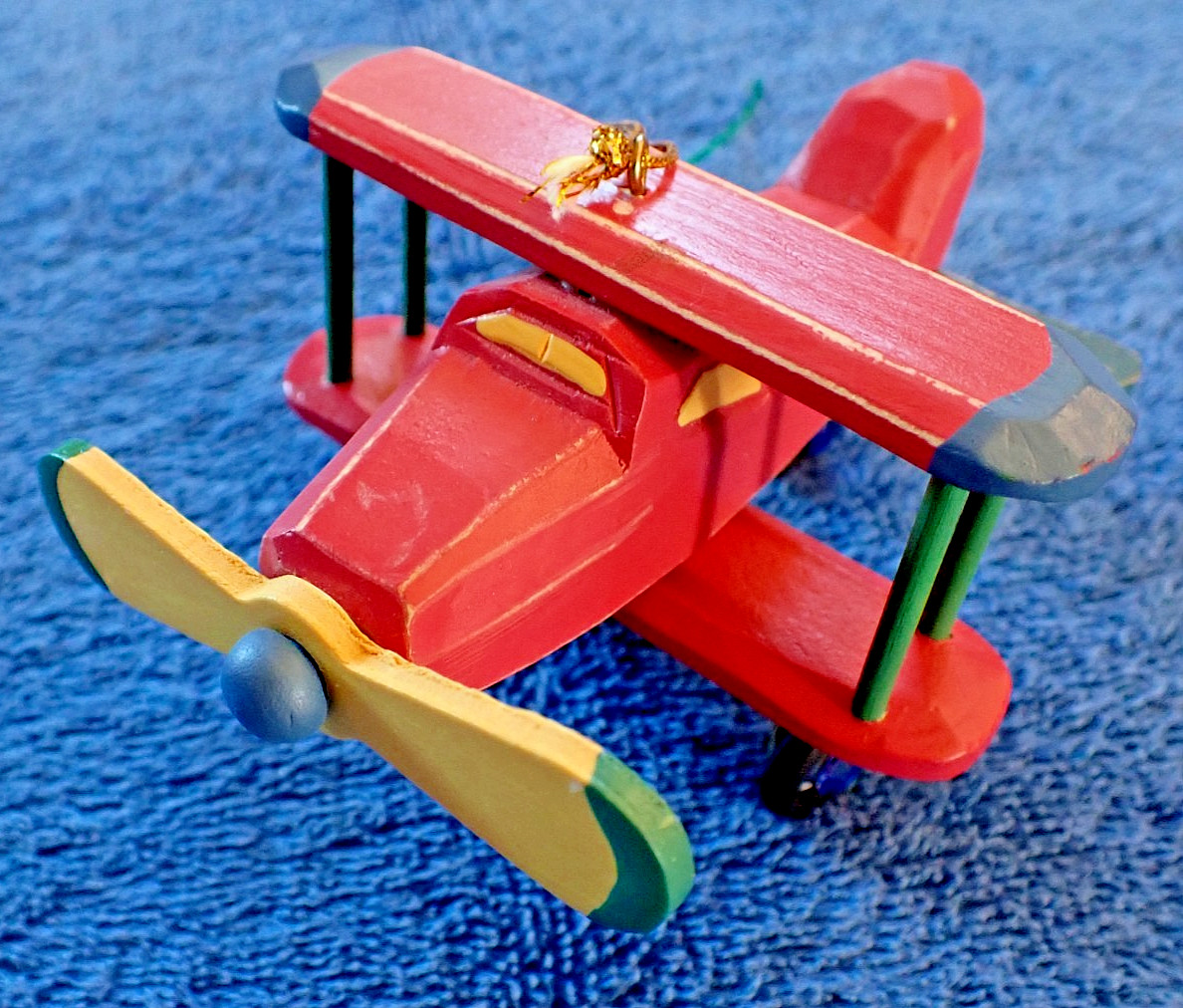 Rugged Tailwheel BiPlane Rotating Propeller Vtg Christmas Airplane Wood Ornament