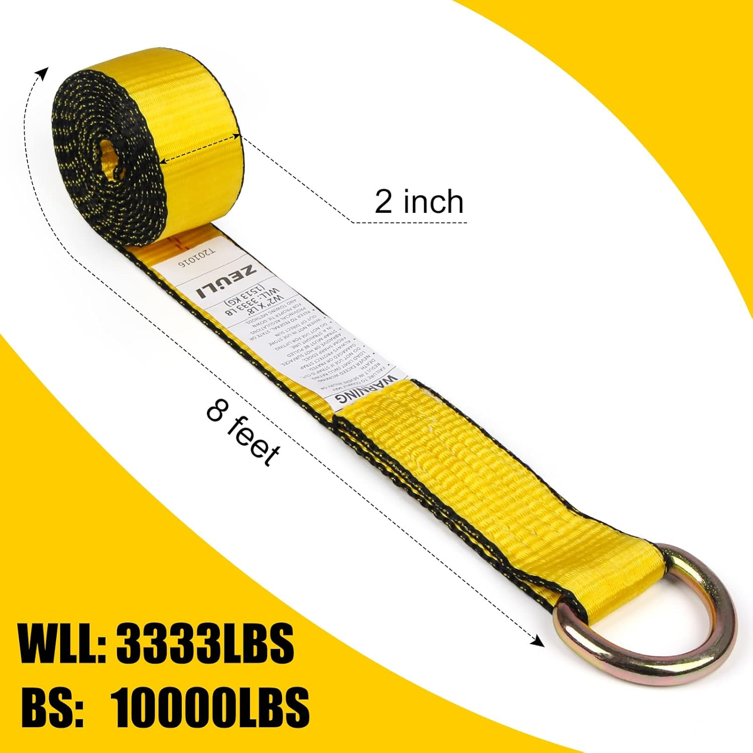 2" x 8' Lasso Strap with D Ring - 8-Pack Auto Tie Down for Trailers