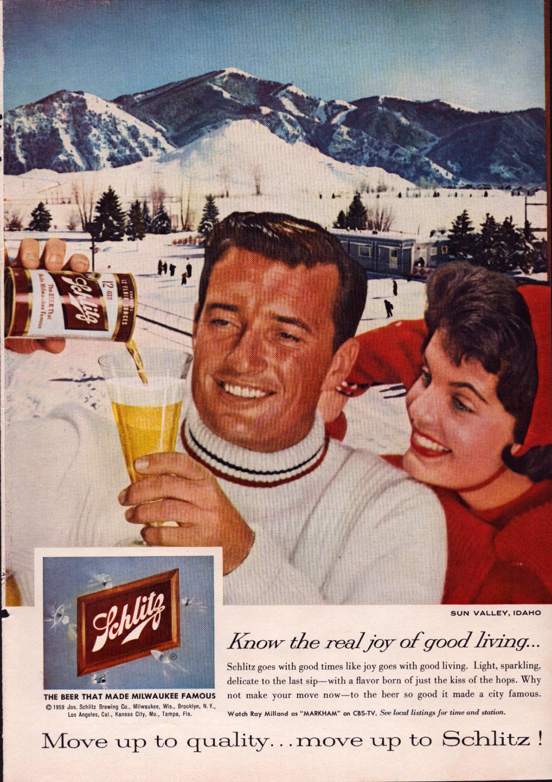 1959 Vintage Print AD - Schlitz Beer - Sun Valley Idaho Ski Slope - Wall Art