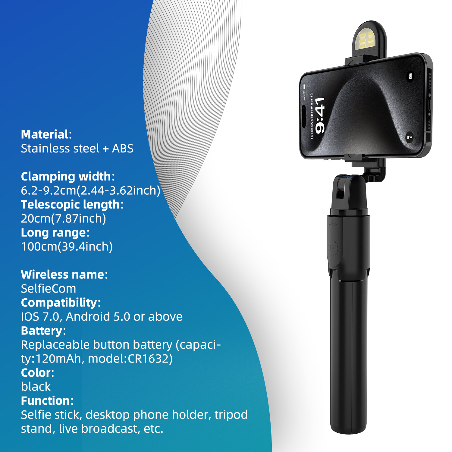 Selfie Stick Tripod Bluetooth Wireless Remote Stand For iPhone 15 Pro Max 14 13