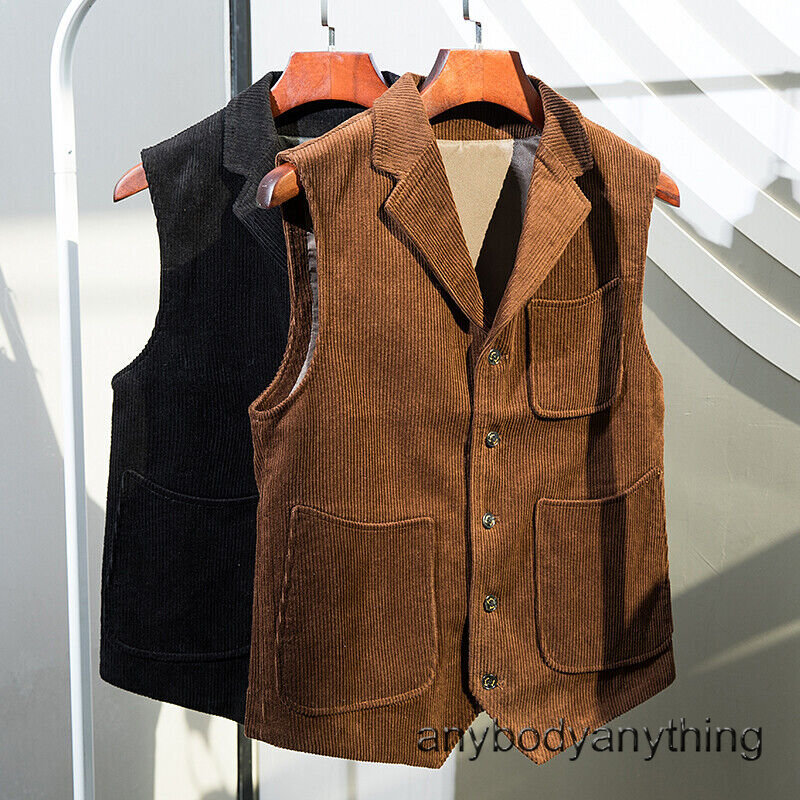 Mens Retro Corduroy Business Formal Lapel Collar Vest Slim Fit Waistcoat S-5XL