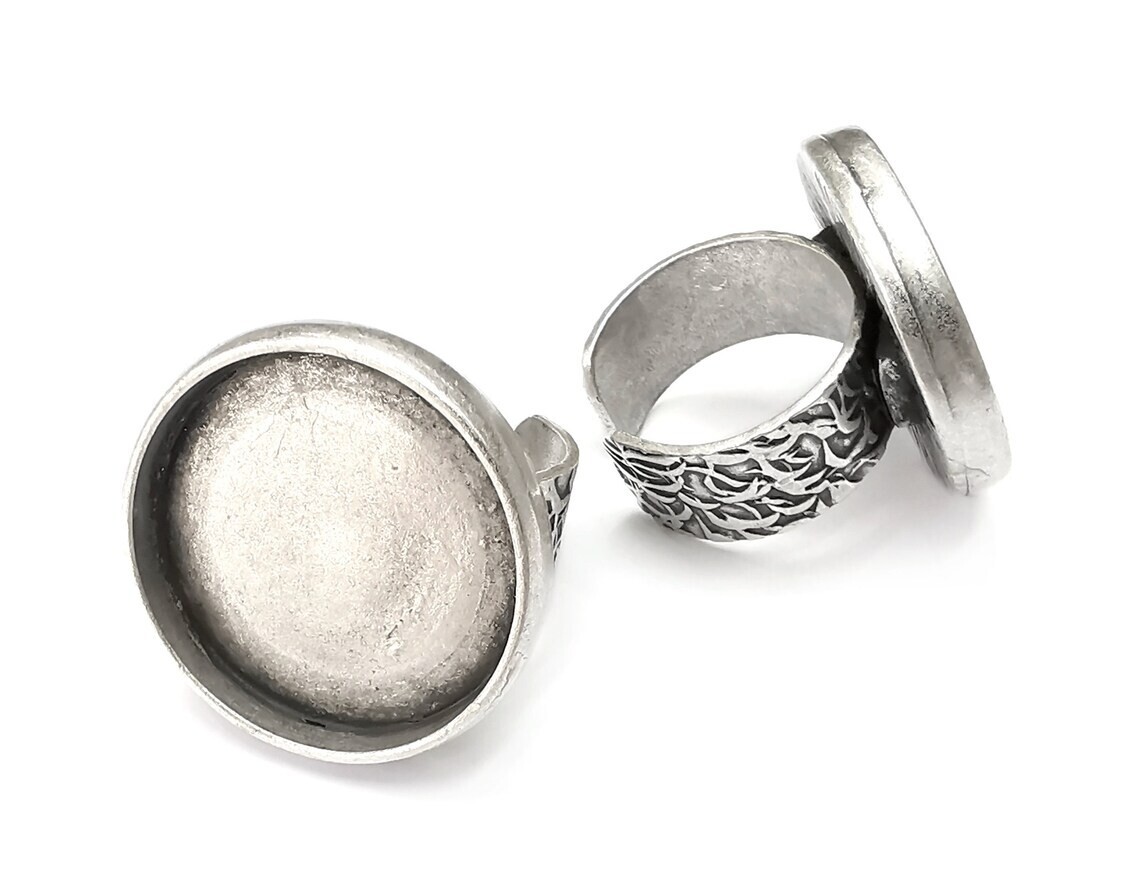 Round Antique Silver Ring Blank Setting, Cabochon Mounting Adjustable Resin Ring