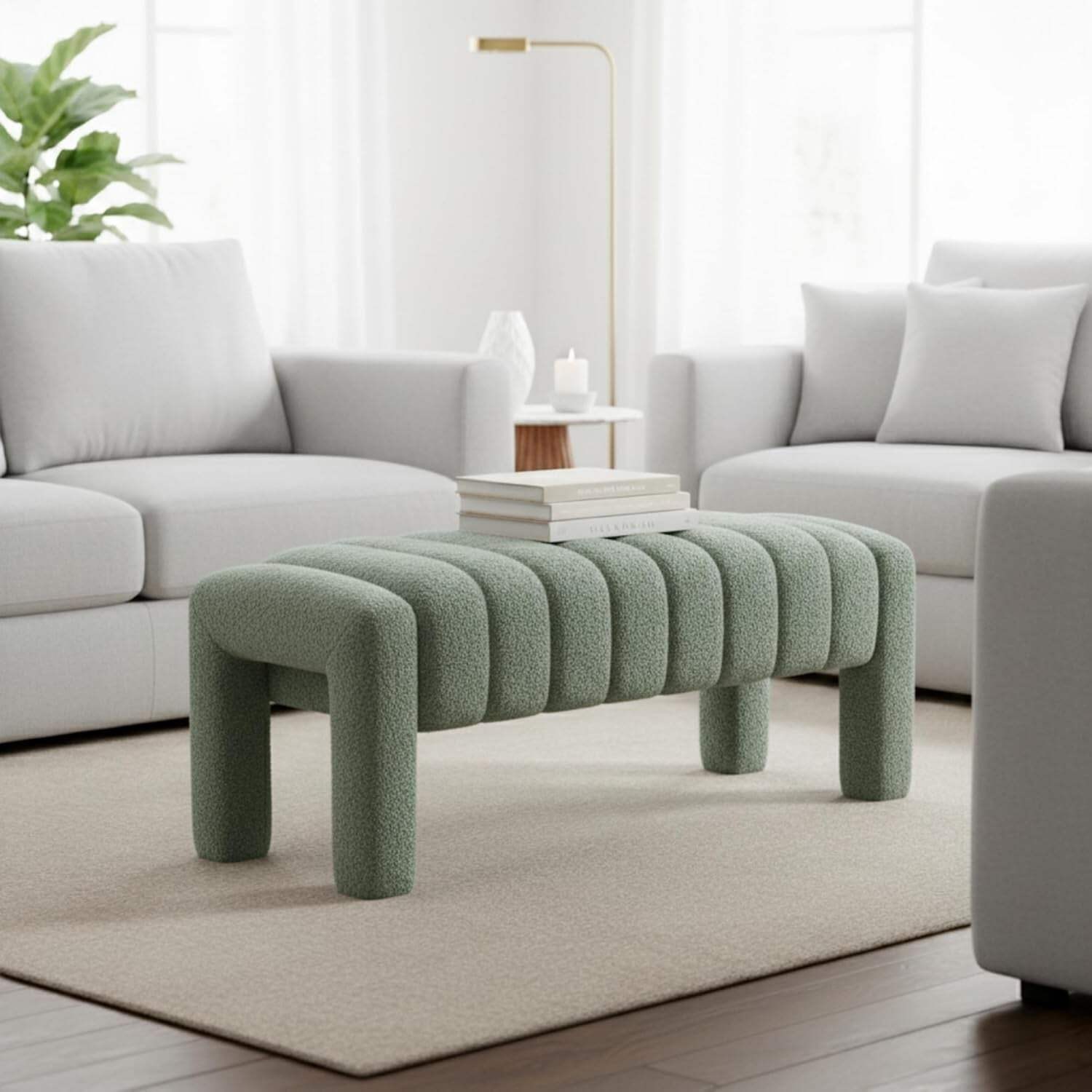 42.5 Inches Upholstered Ottoman Bench Boucle Fabric
