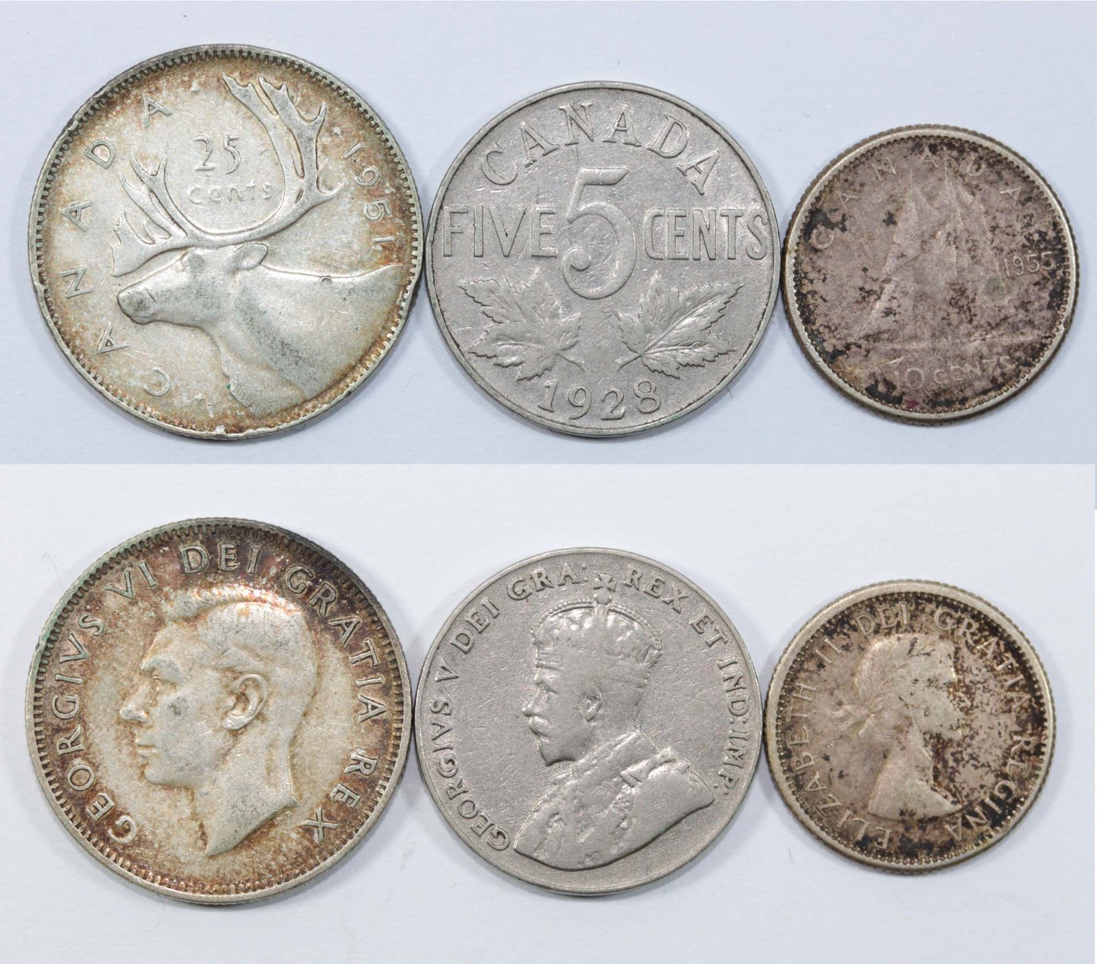 ‘THE HOARD’ 3 CANADIAN COINS 2x1950s .800 SILVER, 1928 5 cents all circulated