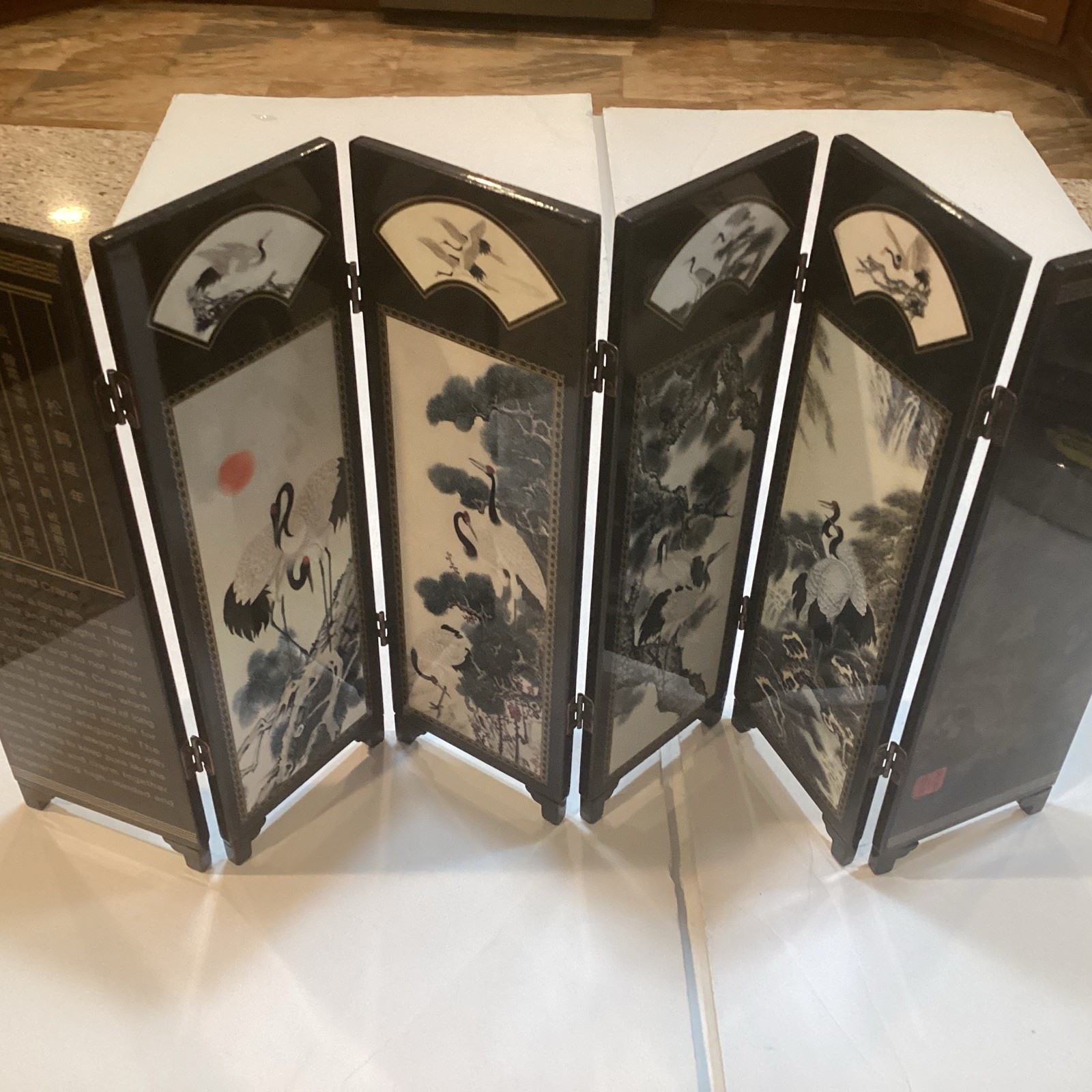 6 Panel Divider Mini Folding Screen Chinese Lacquerware Pine And Crane