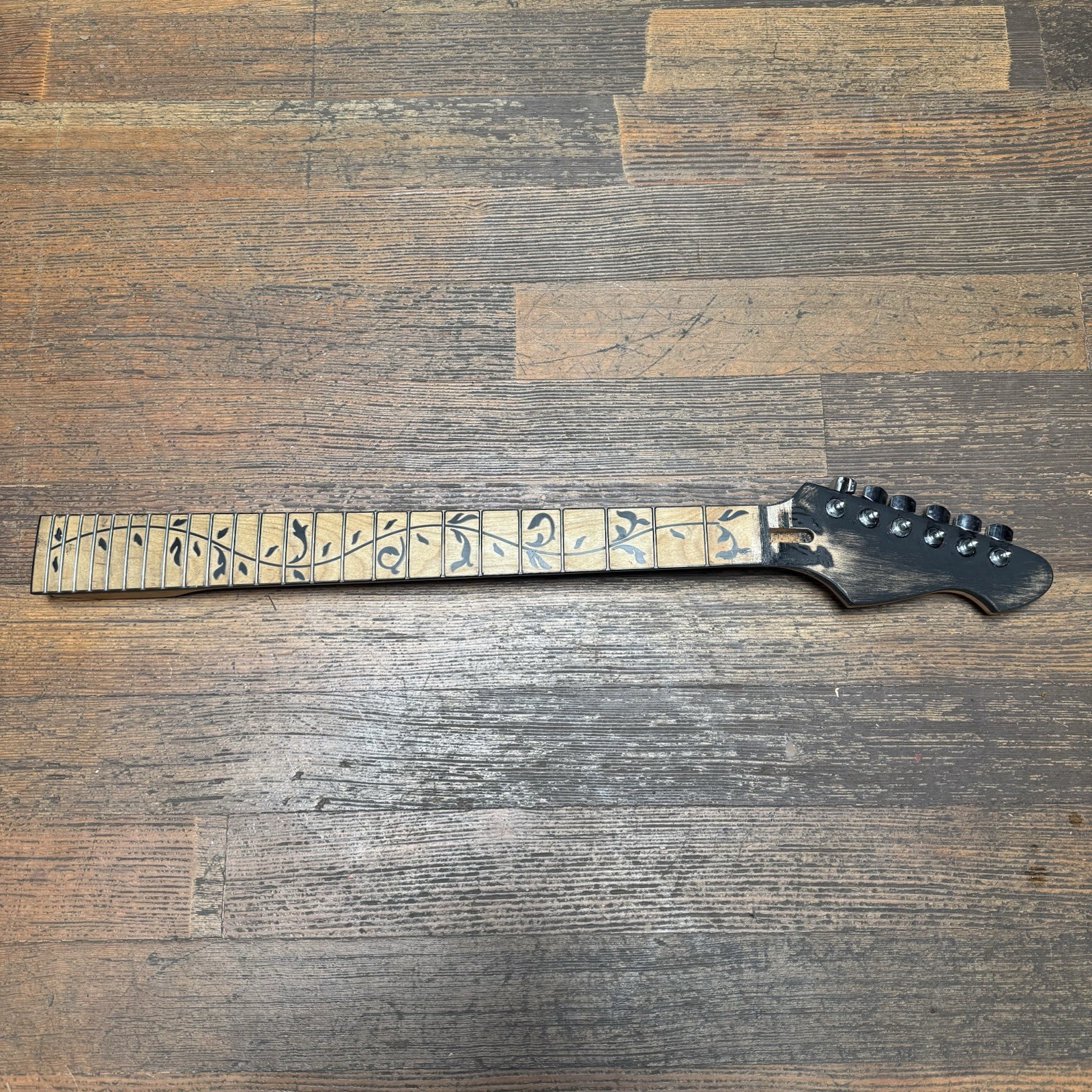 Loaded Guitar Neck w/ Chrome Tuners Tuning Keys Black Floral Strat Parts Project
