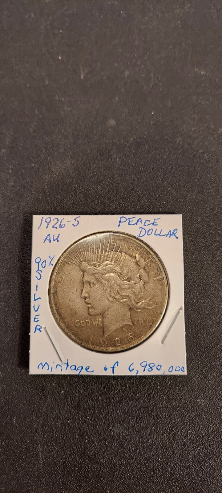 1926 S Peace 90% Almost Uncirculated Silver Dollar Low Mintage Free Shipping !!