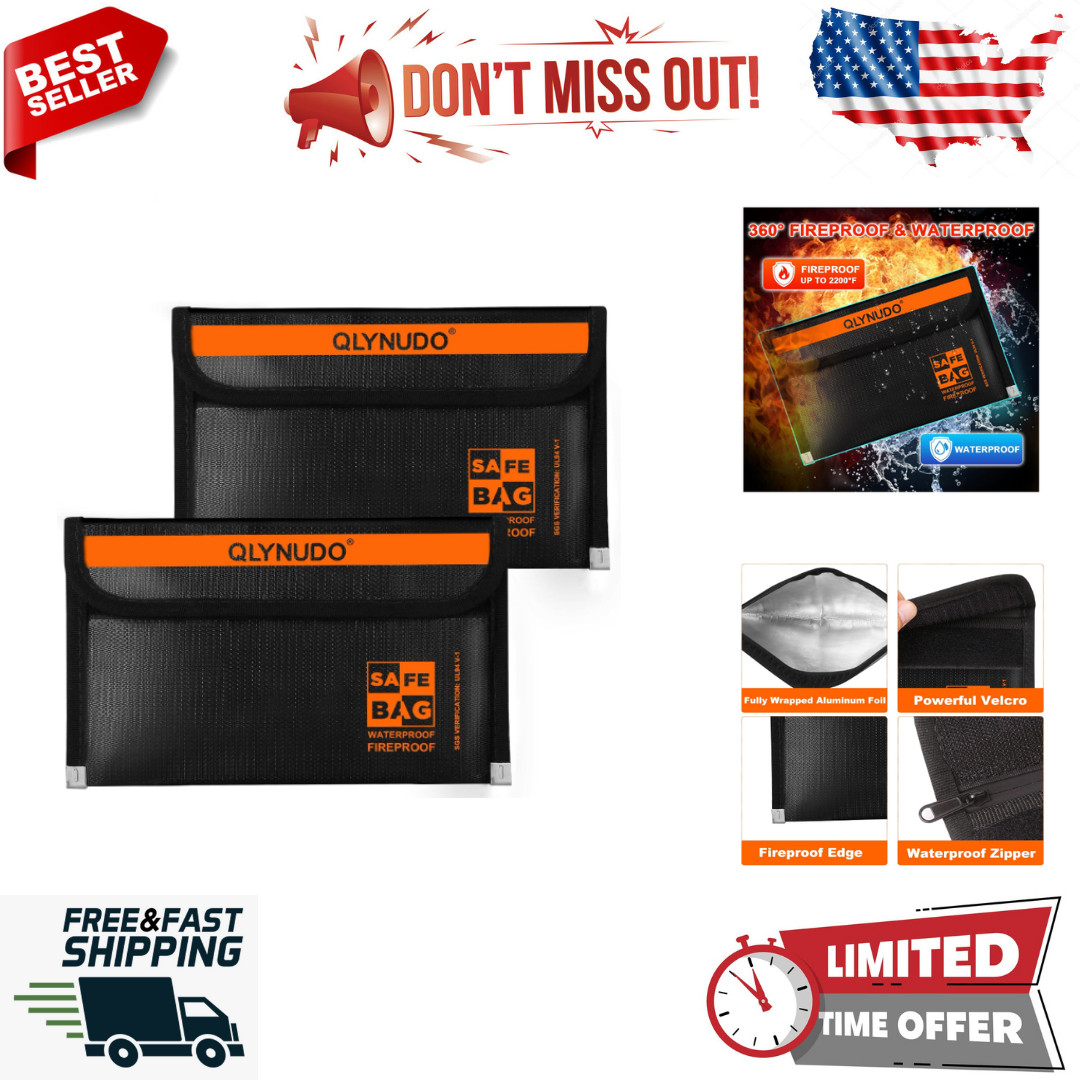 2 PACK Small Fireproof Document Bag Money Bag for Cash with Waterproof Zipper