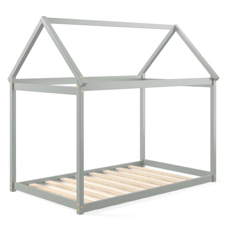 Twin Size Modern Kids House Bed Frame Wooden Floor Bed Bedroom Toddlers W/ Roof