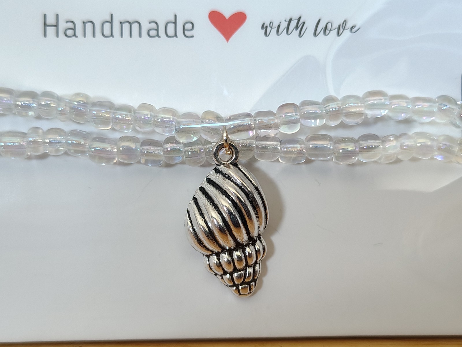 Handmade Clear Beaded Bracelet With Silvery Shell Charm 7 Inches