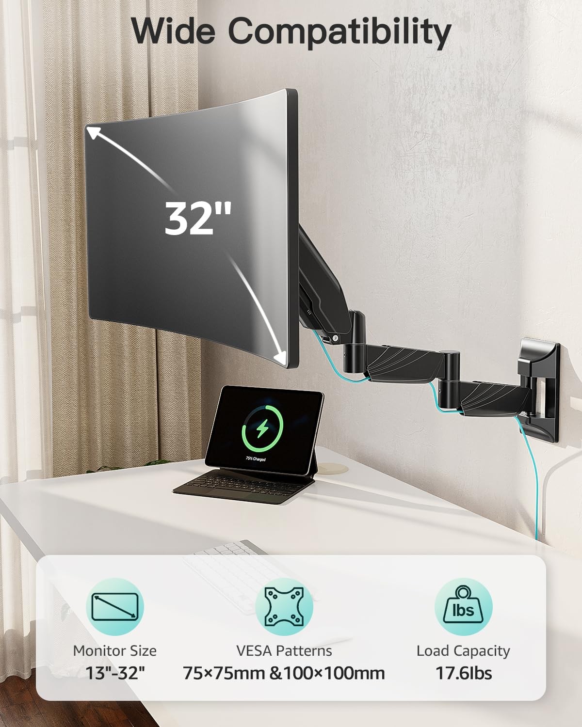 Monitor Wall Mount for 13 to 32 inch Computer Screen, Extra Long Adjustable S...