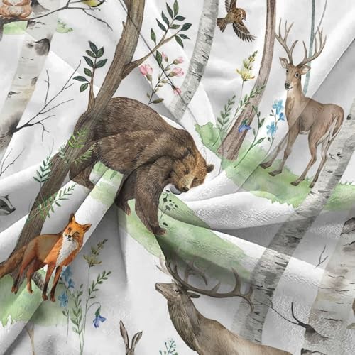 Rustic Forest Throw Blanket, Country Wild Animal Bear Deer 50" x 60" White