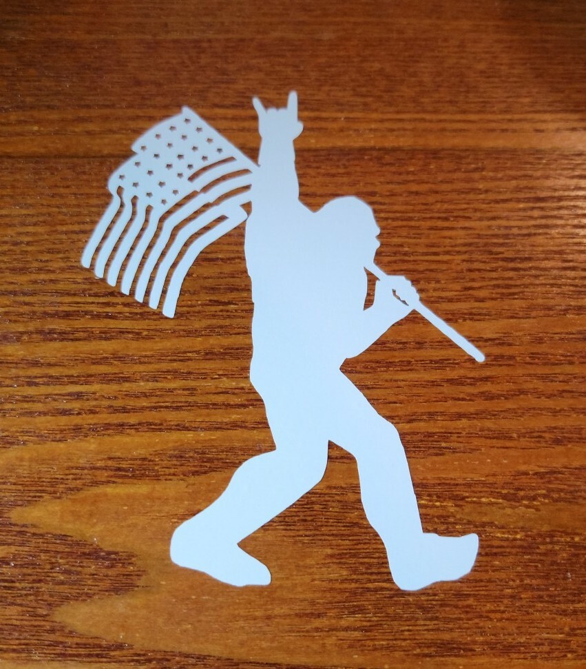 Sasquatch Bigfoot Rock On Flag Funny DieCut Vinyl Window Decal Sticker Car Truck