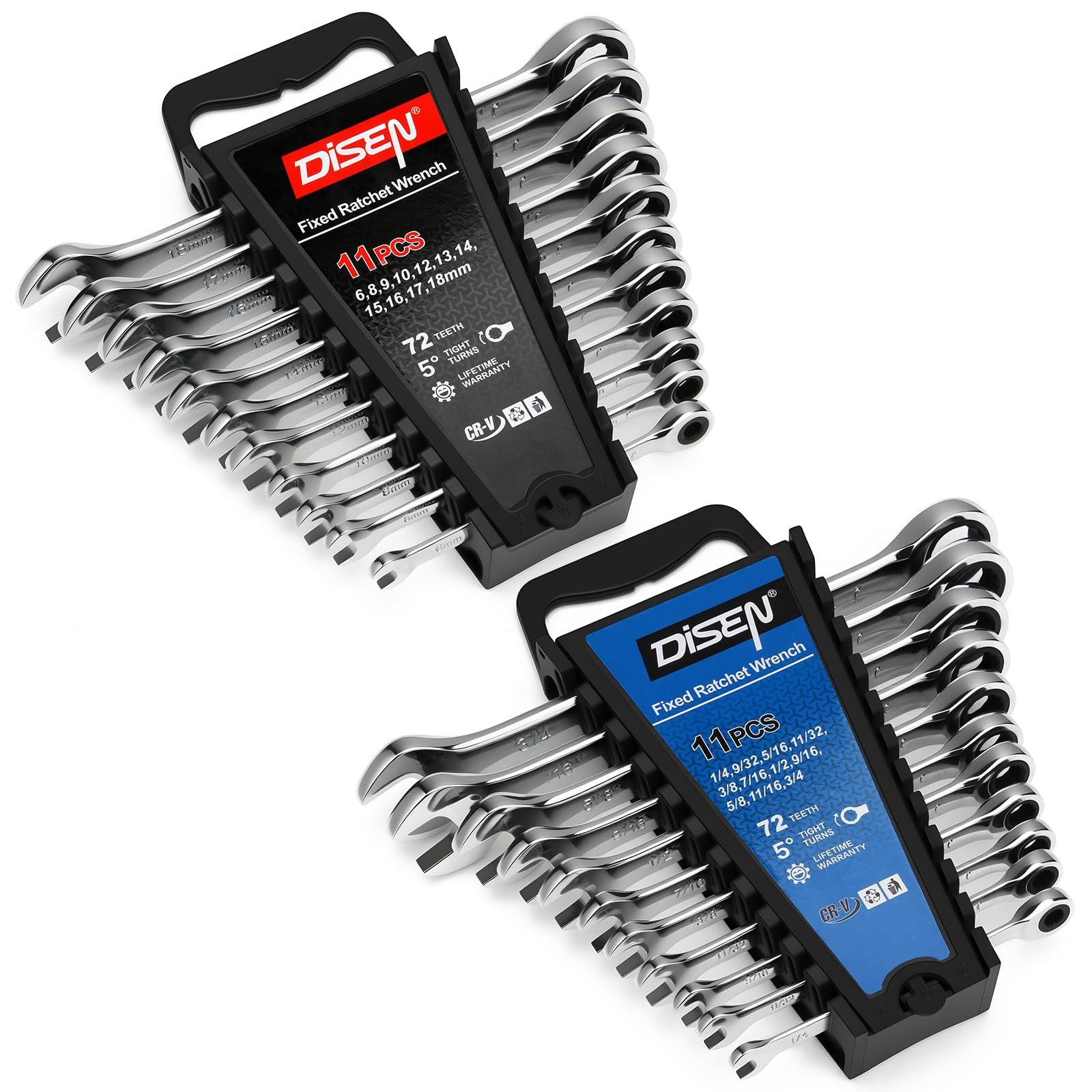 DISEN 22pc Ratcheting Wrench Set SAE Metric1/4-3/4 6-18mm72T CR-V 12-Point Steel