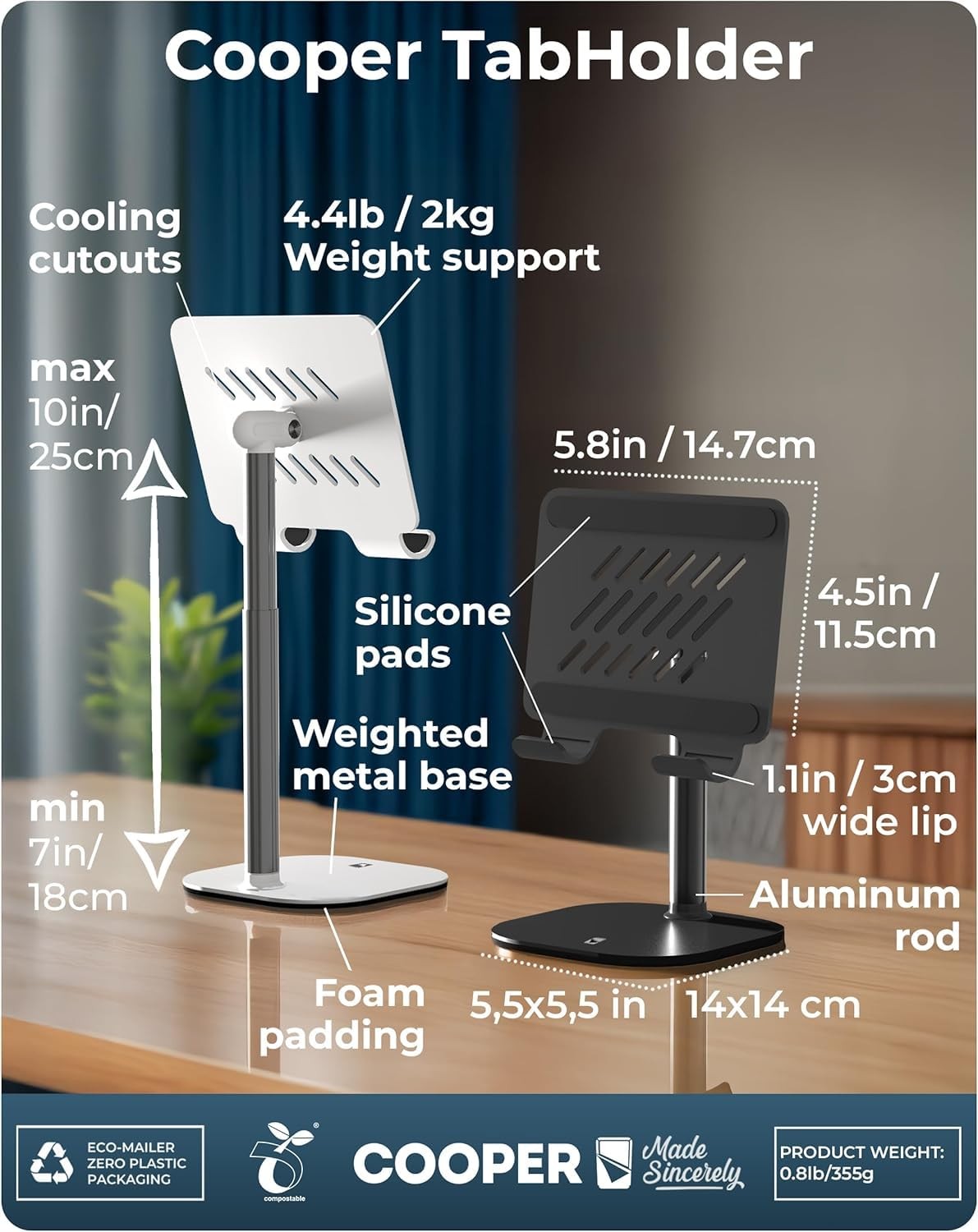 TabHolder, 7-10" Height Adjustable Tablet Stand, Premium iPad Stand for Desk,...
