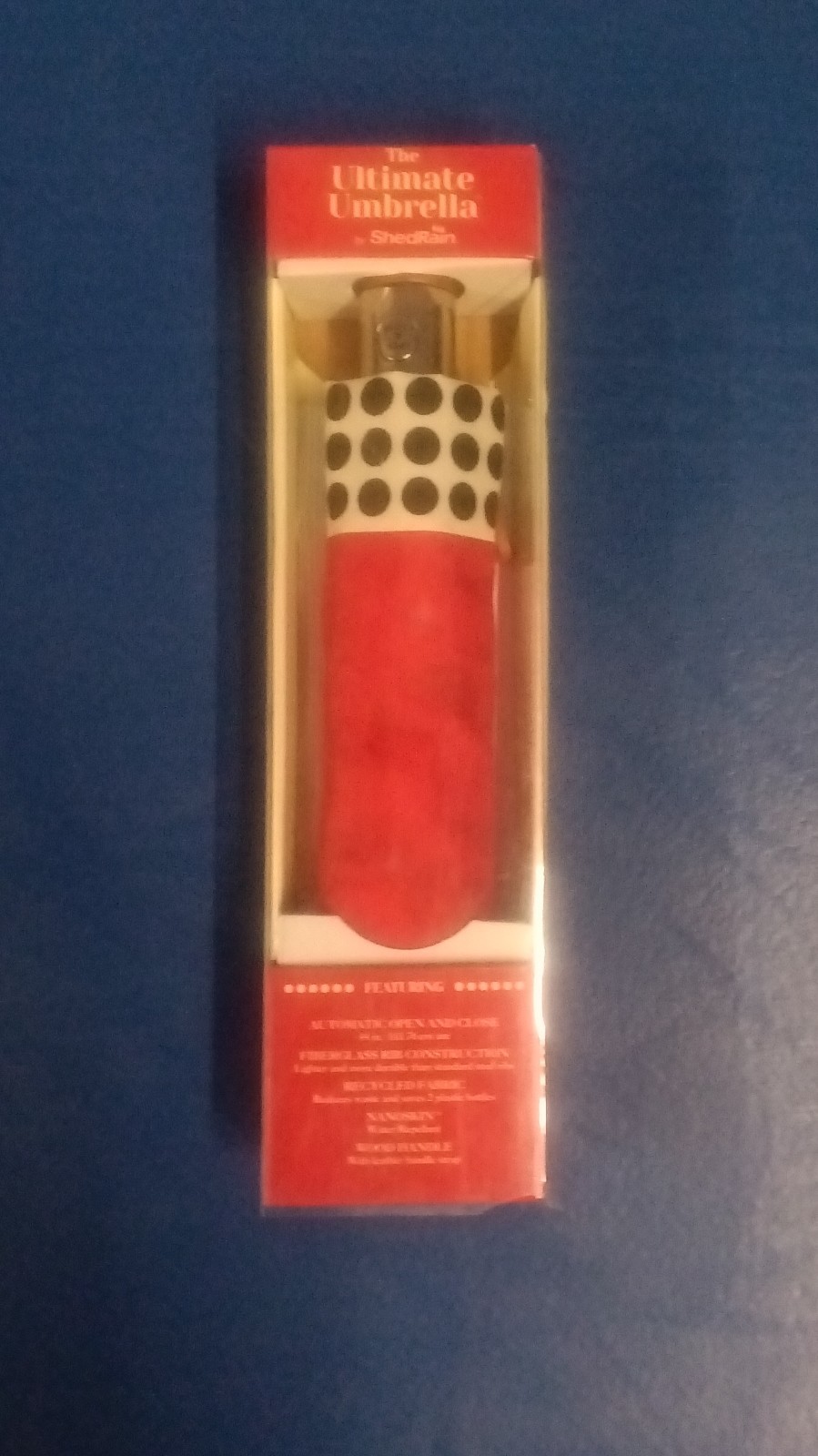 ShedRain Automatic Compact Umbrella Red Polka Dot Recycled Fabric Wood Handle
