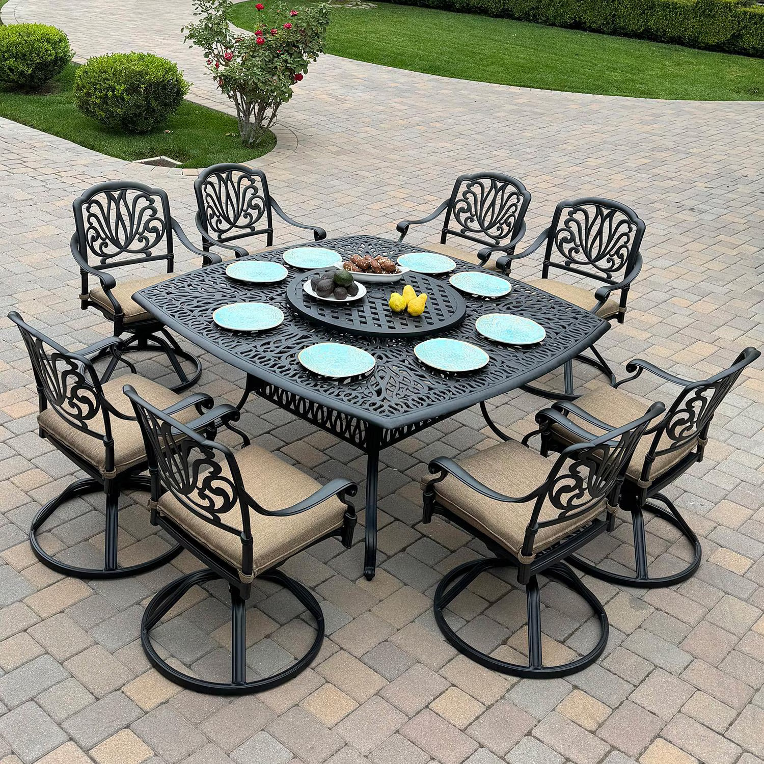 Elisabeth 10 Pc Cast Aluminum Dining Set 64 Inch Table & Swivel Rockers in