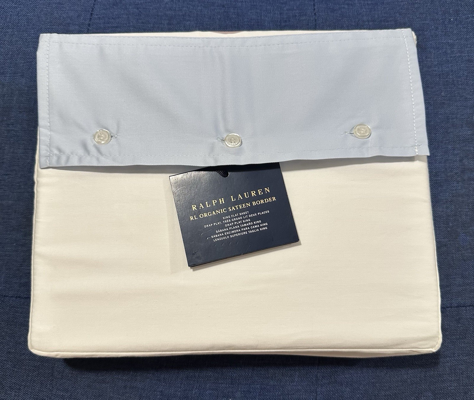Ralph Lauren Organic Sateen Border King Flat Sheet Blue Hyacinth - NWT $215