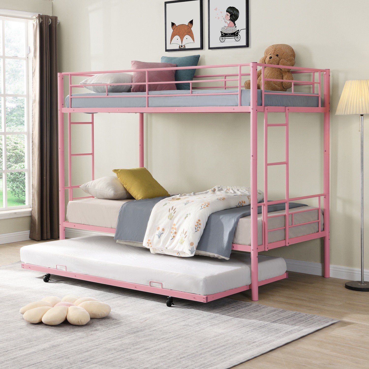 3-in-1 Twin Over Twin Metal Bunk Bed Frame Converts to 2 Beds w/ Trundle Pink
