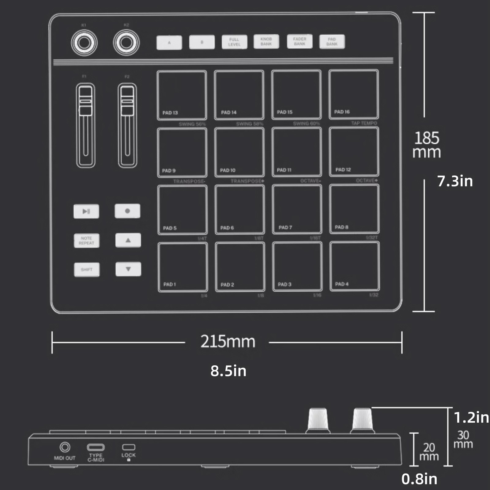 1* USB MIDI Controller Beat Maker 16 Beat Pads 2 Fader Knobs Drum Machine