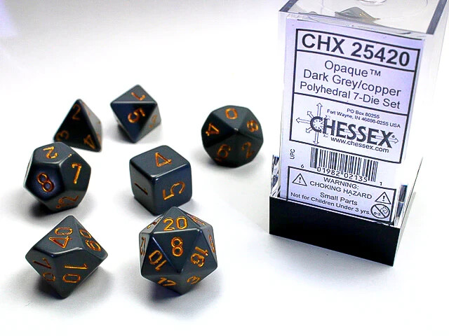 Chessex Opaque Dark Grey/Copper Numbers POLYHEDRAL - 7 Die Set In Display Cube