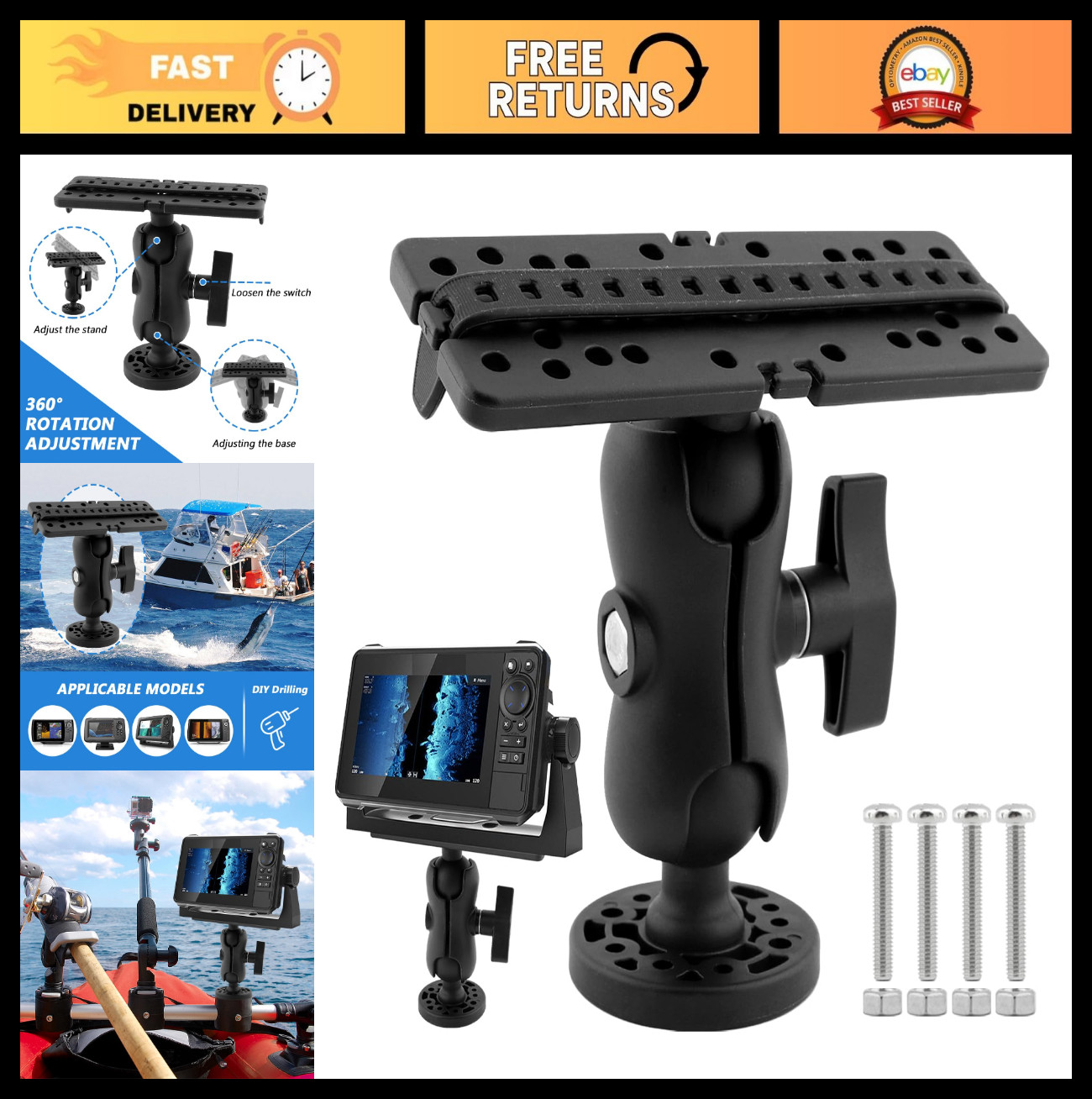 Universal Fish Finder Mount Base with 360° Rotation, Bracket for Boat Kayak Cano