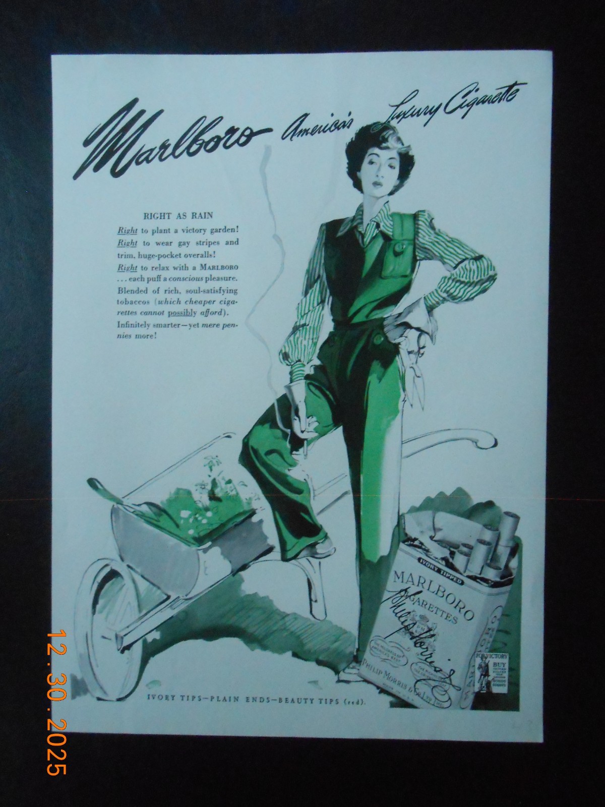 1943 Marlboro Cigarettes female gardener overalls AD Fostoria Glass CO crystal