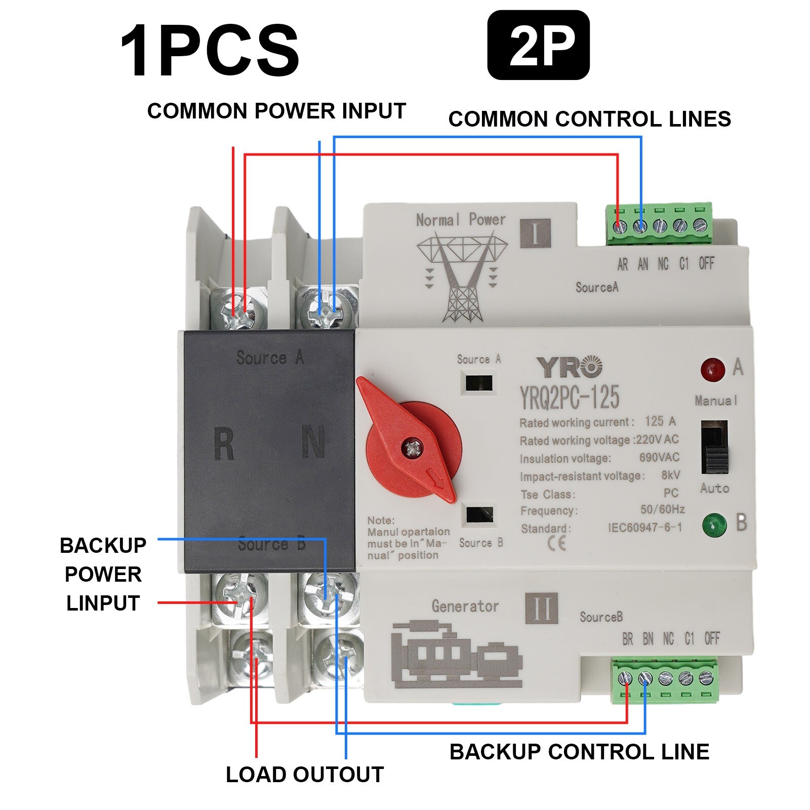 2P 125A Dual Power Automatic Transfer Switch Fit Generator Changeover Switch