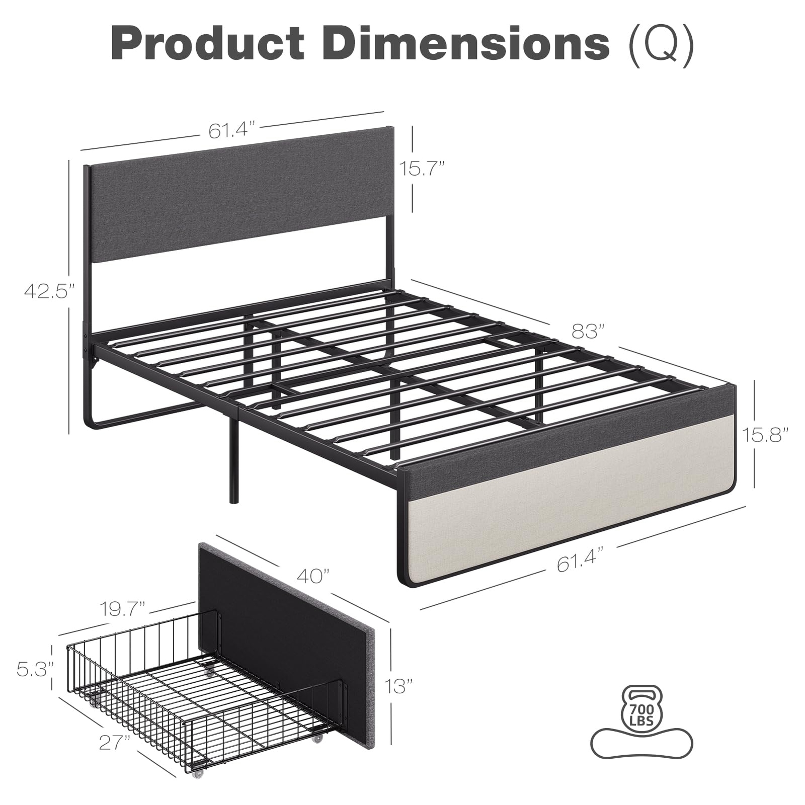 Queen Size Bed Frame, Upholstered Headboard ,Platform Bed Frame, Storage Drawers
