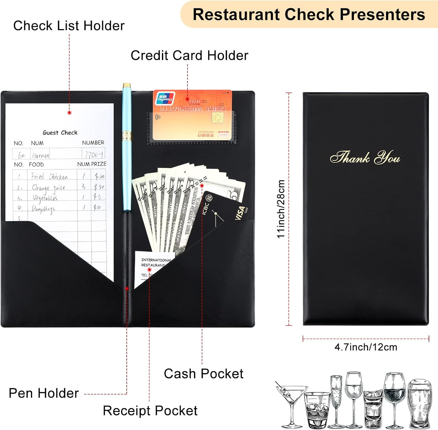 30 tarjetas de presentación de cheques para restaurantes