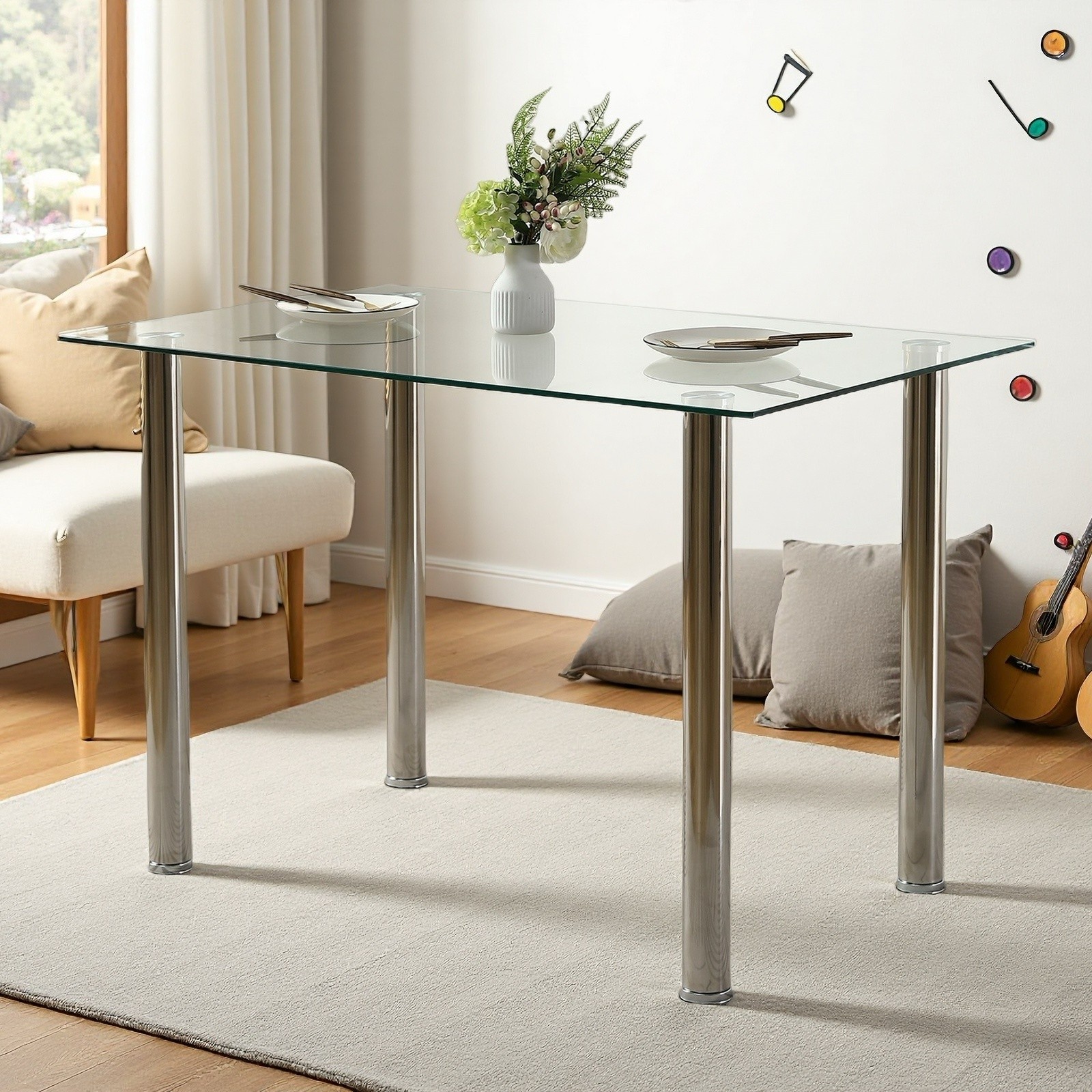 Glass Dining Table - 4 Seater Tempered Clear Glass 43.3" Rectangle Kitchen Desk