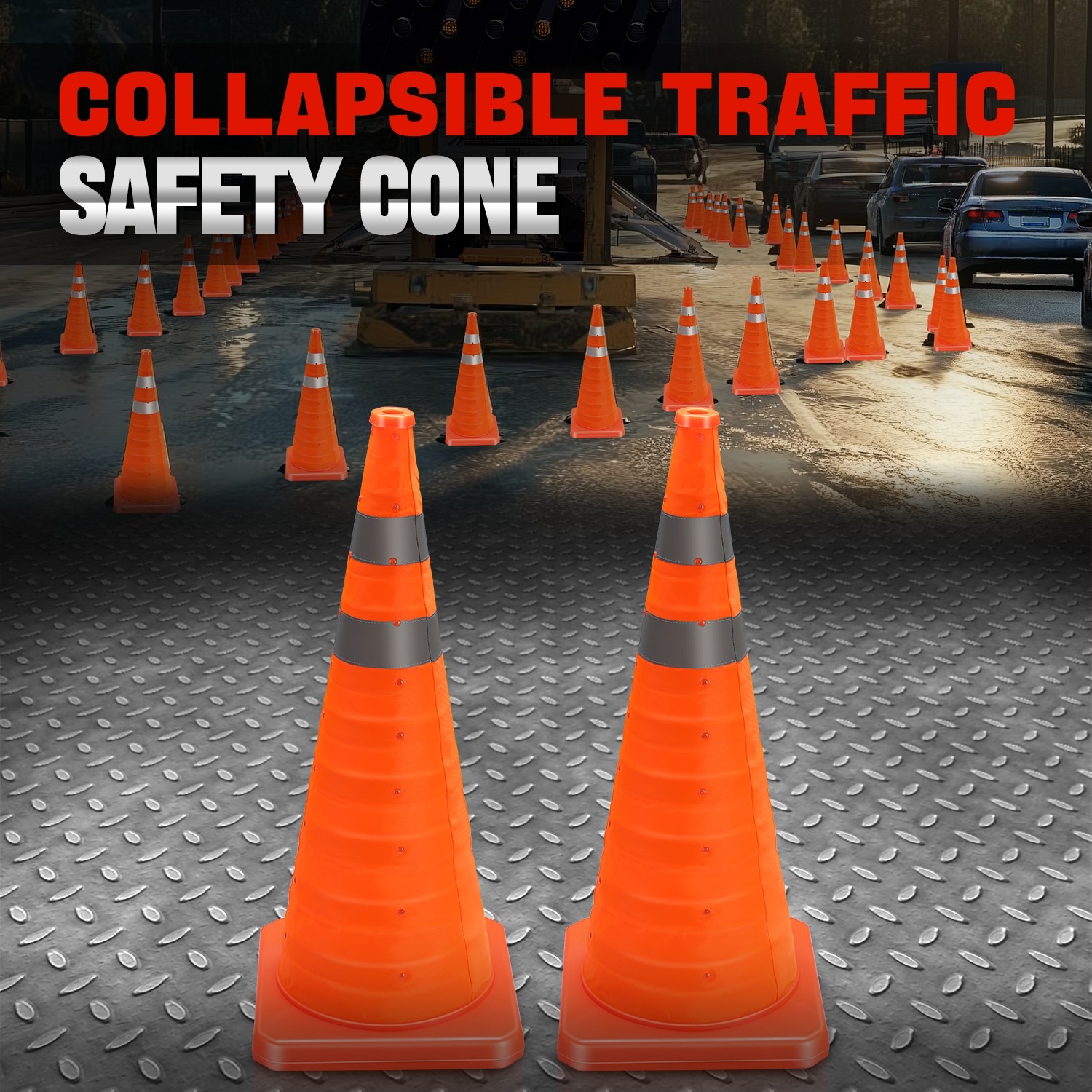 2 Pack 28 Inch Foldable Collapsible Traffic Safety Cones with Heavy-Duty Base