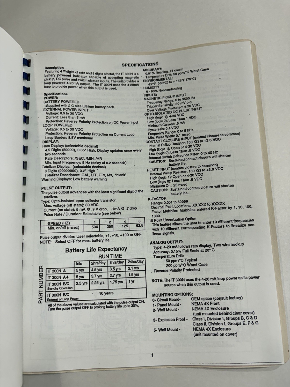Sponsler IT300N Powered Totalizer Rate Indicator User Manual Guide Instruction
