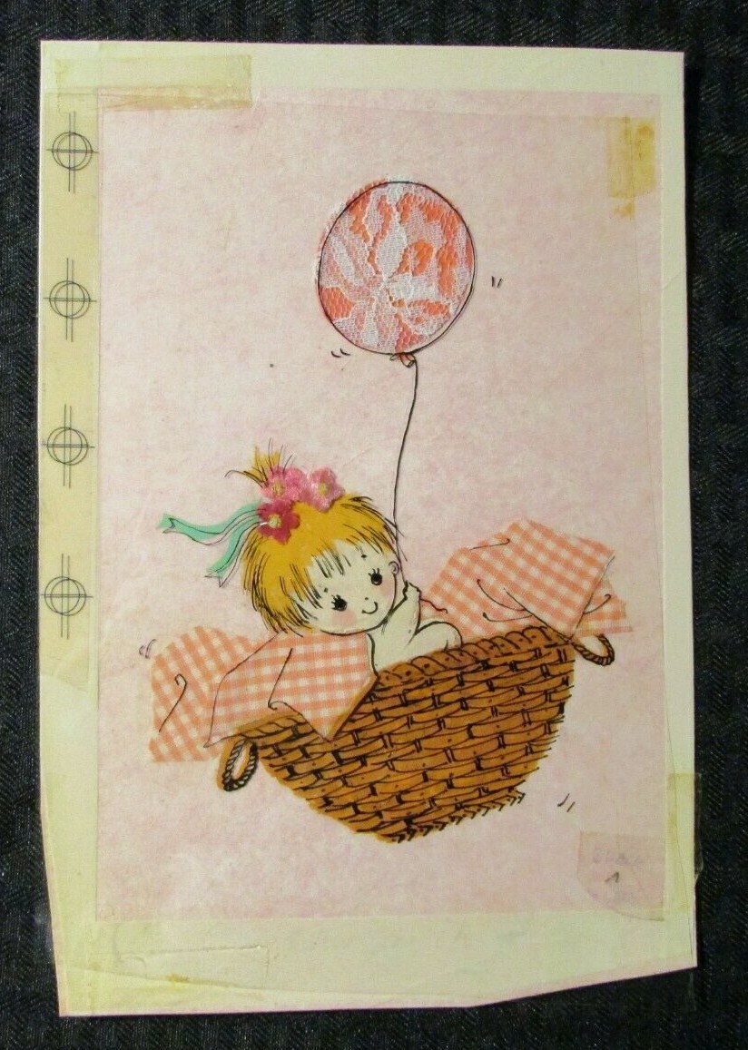 EASTER Baby in Basket w/ Fabric Balloon 6x9" Greeting Card Art #1898