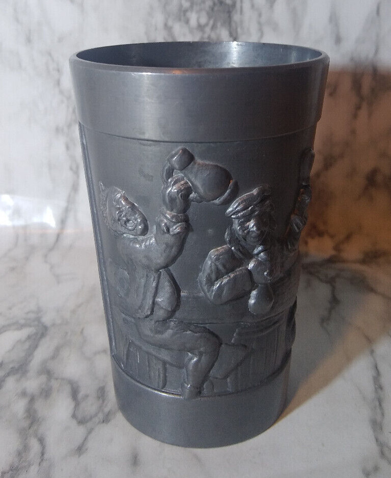 Vtg Rein Zinn 95% Pewter Relief Tavern Cup Glass Bar Tavern Scenes