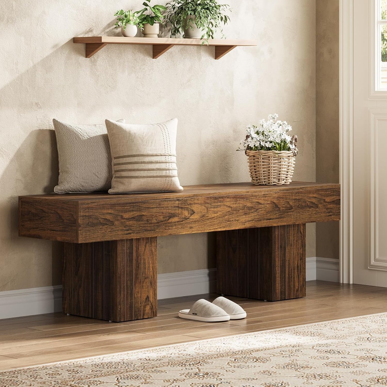 55" Farmhouse Entryway Bench, Wooden Dining Bench with Broad Legs for Kitchen